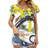 AILLOSA TH-483 V Yakalı Fırfırlı Baskılı Kısa Kollu Kadın T-shirt