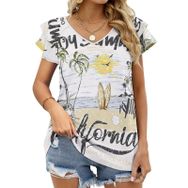 AILLOSA TH-484 V Yakalı Fırfırlı Baskılı Kısa Kollu Kadın T-shirt