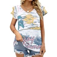 AILLOSA TH-485 V Yakalı Fırfırlı Baskılı Kısa Kollu Kadın T-shirt