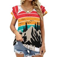 AILLOSA TH-486 V Yakalı Fırfırlı Baskılı Kısa Kollu Kadın T-shirt