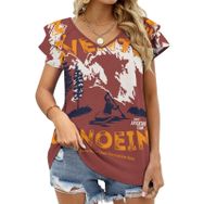 AILLOSA TH-488 V Yakalı Fırfırlı Baskılı Kısa Kollu Kadın T-shirt