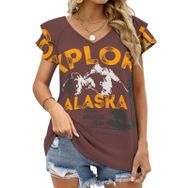 AILLOSA TH-489 V Yakalı Fırfırlı Baskılı Kısa Kollu Kadın T-shirt