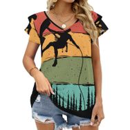 AILLOSA TH-490 V Yakalı Fırfırlı Baskılı Kısa Kollu Kadın T-shirt