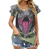 AILLOSA TH-491 V Yakalı Fırfırlı Baskılı Kısa Kollu Kadın T-shirt