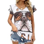 AILLOSA TH-492 V Yakalı Fırfırlı Baskılı Kısa Kollu Kadın T-shirt