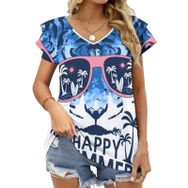 AILLOSA TH-493 V Yakalı Fırfırlı Baskılı Kısa Kollu Kadın T-shirt