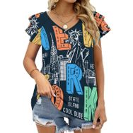 AILLOSA TH-495 V Yakalı Fırfırlı Baskılı Kısa Kollu Kadın T-shirt