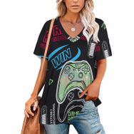 AILLOSA TH-497 Tamamı Baskılı Kısa Kollu V Yakalı Kadın T-shirt