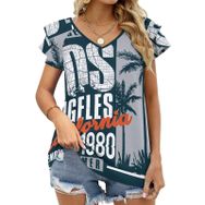 AILLOSA TH-498 V Yakalı Fırfırlı Baskılı Kısa Kollu Kadın T-shirt
