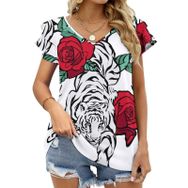 AILLOSA TH-499 V Yakalı Fırfırlı Baskılı Kısa Kollu Kadın T-shirt