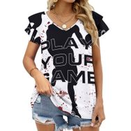AILLOSA TH-500 V Yakalı Fırfırlı Baskılı Kısa Kollu Kadın T-shirt