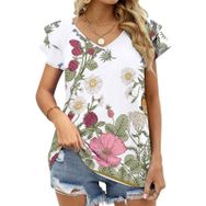 AILLOSA TH-57 V Yakalı Fırfırlı Baskılı Kısa Kollu Kadın T-shirt