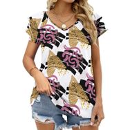 AILLOSA TH-702 V Yakalı Fırfırlı Baskılı Kısa Kollu Kadın T-shirt