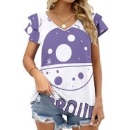 AILLOSA TH-71 V Yakalı Fırfırlı Baskılı Kısa Kollu Kadın T-shirt