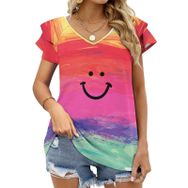 AILLOSA TH-74 V Yakalı Fırfırlı Baskılı Kısa Kollu Kadın T-shirt