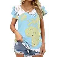 AILLOSA TH-76 V Yakalı Fırfırlı Baskılı Kısa Kollu Kadın T-shirt
