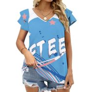 AILLOSA TH-77 V Yakalı Fırfırlı Baskılı Kısa Kollu Kadın T-shirt