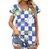 AILLOSA TH-79 Tamamı Baskılı Fırfırlı Kısa Kollu V Yakalı Kadın T-shirt