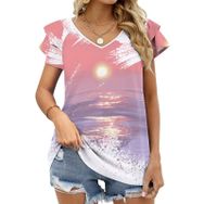 AILLOSA TH-85 V Yakalı Fırfırlı Baskılı Kısa Kollu Kadın T-shirt