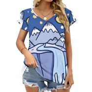 AILLOSA TH-98 V Yakalı Fırfırlı Baskılı Kısa Kollu Kadın T-shirt