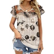 AILLOSA YH-1 V Yakalı Fırfırlı Baskılı Kısa Kollu Kadın T-shirt