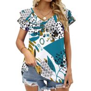 AILLOSA YH-100 V Yakalı Fırfırlı Baskılı Kısa Kollu Kadın T-shirt