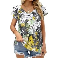 AILLOSA YH-101 V Yakalı Fırfırlı Baskılı Kısa Kollu Kadın T-shirt