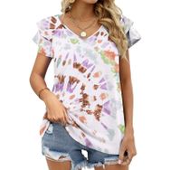 AILLOSA YH-102 V Yakalı Fırfırlı Baskılı Kısa Kollu Kadın T-shirt