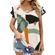 AILLOSA YH-103 V Yakalı Fırfırlı Baskılı Kısa Kollu Kadın T-shirt