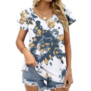 AILLOSA YH-104 V Yakalı Fırfırlı Baskılı Kısa Kollu Kadın T-shirt