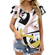 AILLOSA YH-105 Tamamı Baskılı Fırfırlı Kısa Kollu V Yakalı Kadın T-shirt