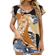 AILLOSA YH-106 V Yakalı Fırfırlı Baskılı Kısa Kollu Kadın T-shirt