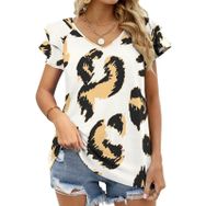 AILLOSA YH-108 V Yakalı Fırfırlı Baskılı Kısa Kollu Kadın T-shirt
