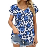 AILLOSA YH-109 V Yakalı Fırfırlı Baskılı Kısa Kollu Kadın T-shirt