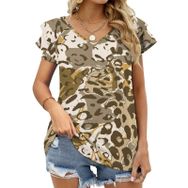 AILLOSA YH-110 V Yakalı Fırfırlı Baskılı Kısa Kollu Kadın T-shirt
