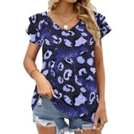 AILLOSA YH-111 V Yakalı Fırfırlı Baskılı Kısa Kollu Kadın T-shirt