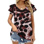 AILLOSA YH-113 V Yakalı Fırfırlı Baskılı Kısa Kollu Kadın T-shirt