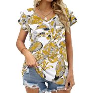AILLOSA YH-114 V Yakalı Fırfırlı Baskılı Kısa Kollu Kadın T-shirt