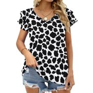 AILLOSA YH-115 V Yakalı Fırfırlı Baskılı Kısa Kollu Kadın T-shirt
