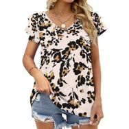 AILLOSA YH-116 V Yakalı Fırfırlı Baskılı Kısa Kollu Kadın T-shirt