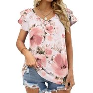 AILLOSA YH-117 V Yakalı Fırfırlı Baskılı Kısa Kollu Kadın T-shirt