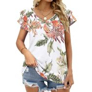 AILLOSA YH-119 V Yakalı Fırfırlı Baskılı Kısa Kollu Kadın T-shirt