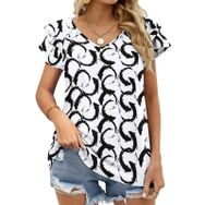 AILLOSA YH-12 V Yakalı Fırfırlı Baskılı Kısa Kollu Kadın T-shirt