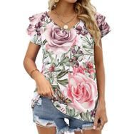 AILLOSA YH-120 V Yakalı Fırfırlı Baskılı Kısa Kollu Kadın T-shirt
