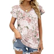 AILLOSA YH-121 V Yakalı Fırfırlı Baskılı Kısa Kollu Kadın T-shirt