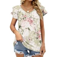 AILLOSA YH-122 V Yakalı Fırfırlı Baskılı Kısa Kollu Kadın T-shirt