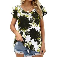 AILLOSA YH-123 V Yakalı Fırfırlı Baskılı Kısa Kollu Kadın T-shirt