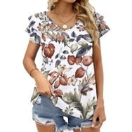 AILLOSA YH-124 V Yakalı Fırfırlı Baskılı Kısa Kollu Kadın T-shirt