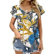 AILLOSA YH-125 V Yakalı Fırfırlı Baskılı Kısa Kollu Kadın T-shirt
