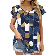 AILLOSA YH-126 V Yakalı Fırfırlı Baskılı Kısa Kollu Kadın T-shirt